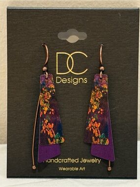 NWT DC Designs Handcrafted Purple Floral Layered Drop Earrings